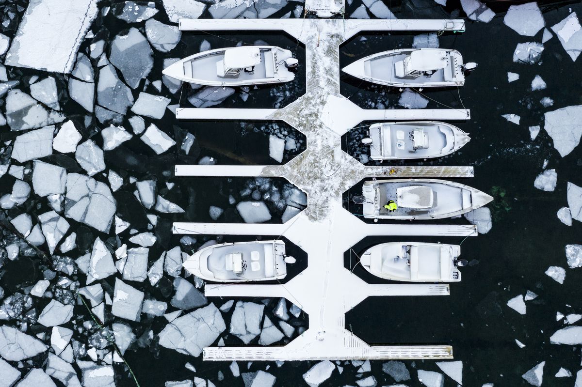 Aerial View Of Boats In The Icy Sea Ballstad Norway Royalty Free Image 1574282818